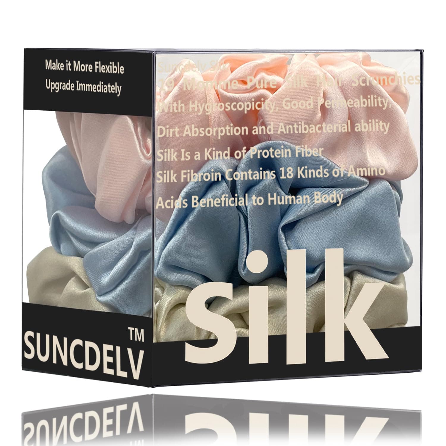 Suncdelv Silk Scrunchies, Anti-Crease & Breakage Hair Ties 22 Momme, 3PCS (Pink, Blue, Khaki)