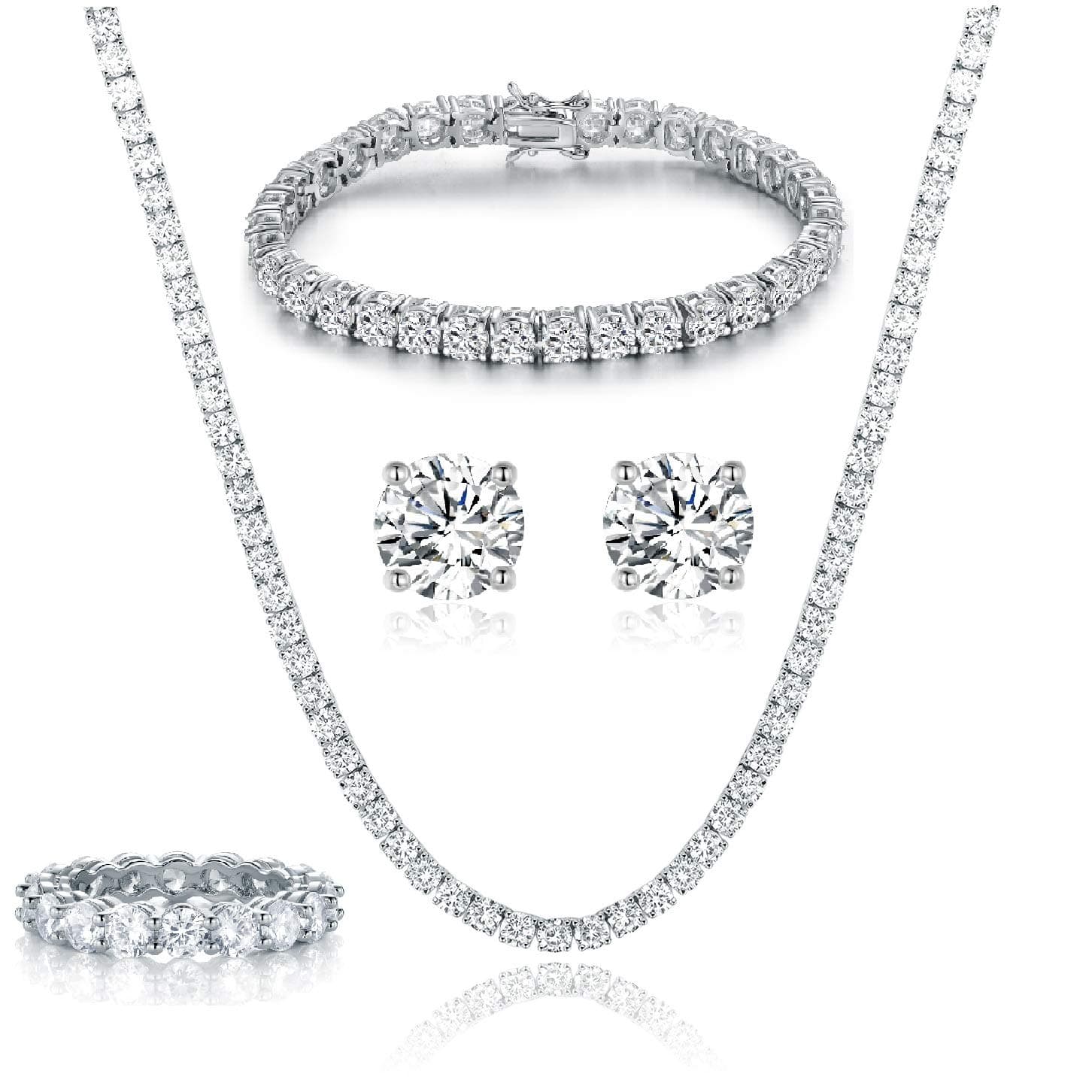 Gemsme 18K White Gold Plated Jewelry Set - Necklace, Bracelet, Earrings, Ring Pack of 4