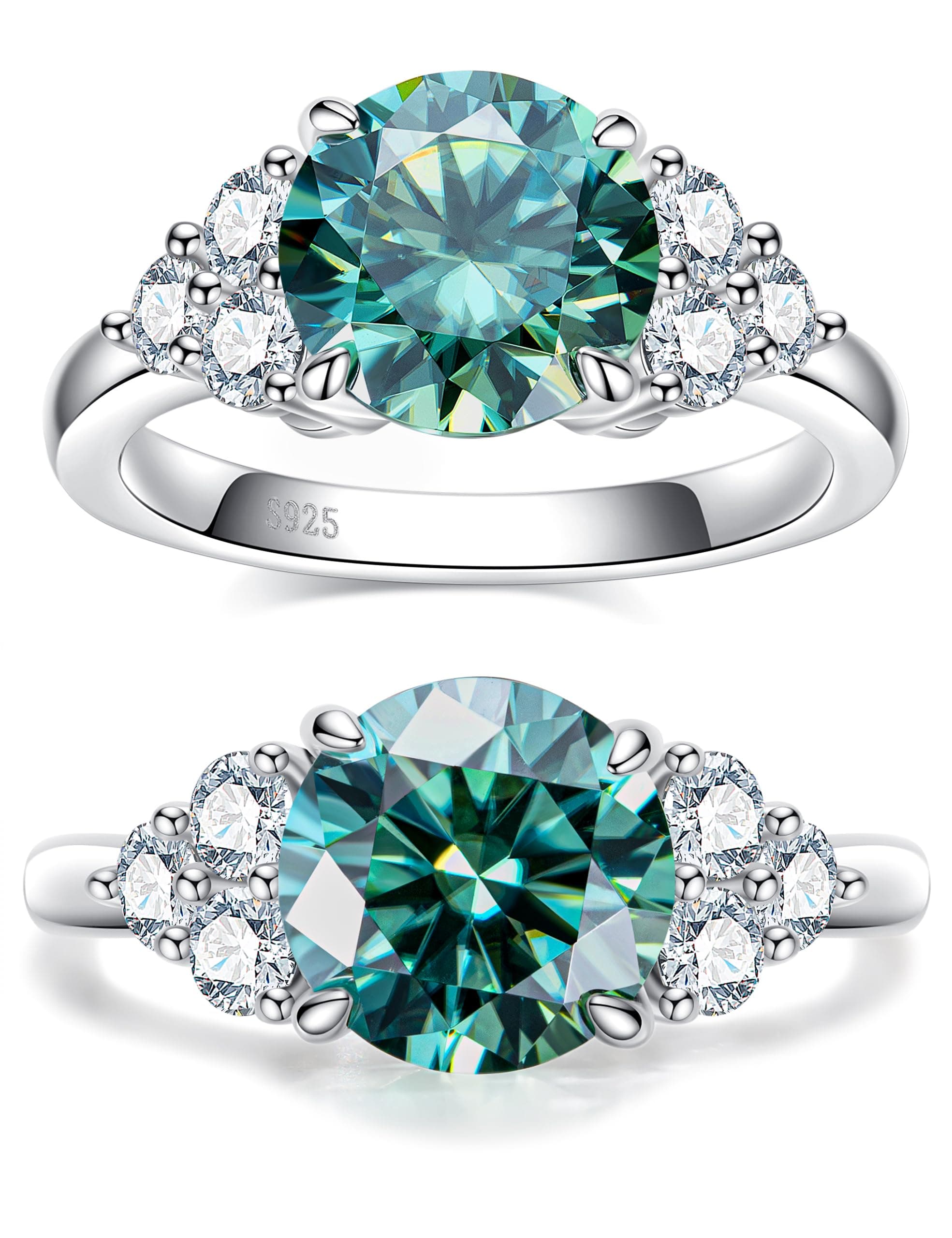 CannyCat 3.0 Carat Fancy Vivid Blue-Green Moissanite Ring VVS certified Platinum-Plated Silver