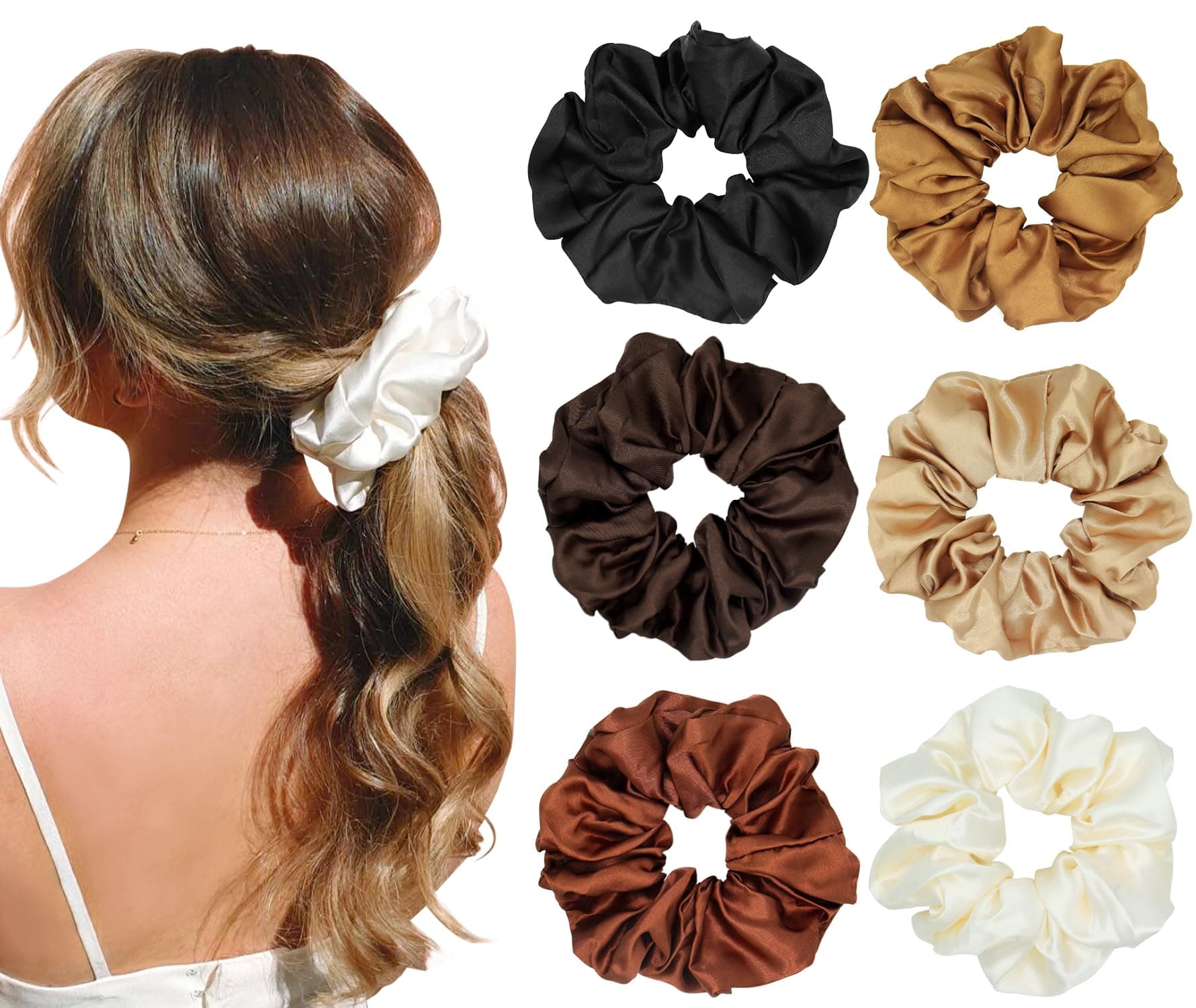 Leopard Silk Satin Scrunchies for Women, 6PCS Solid Color Hair Elastic Bands