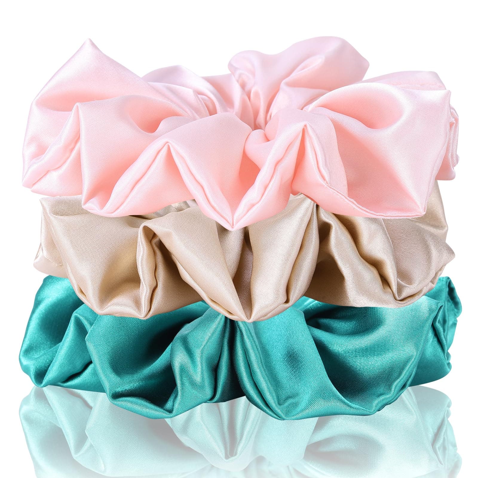 3 Pack Silk Satin Scrunchies - Blackish Green, Pink Champagne | Luxurious Hair Accessories