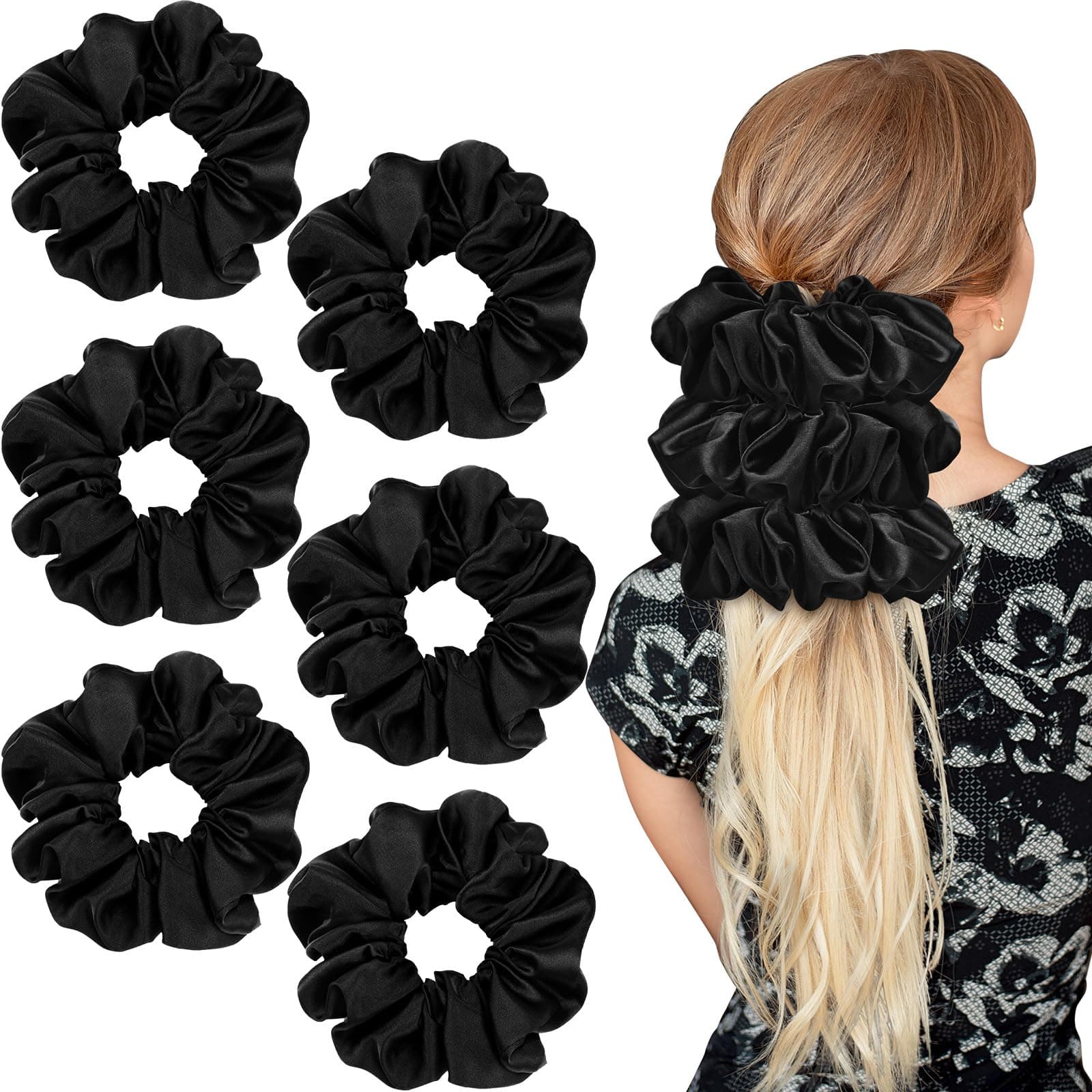 Chuangdi Black Jumbo Satin Scrunchies for Women
