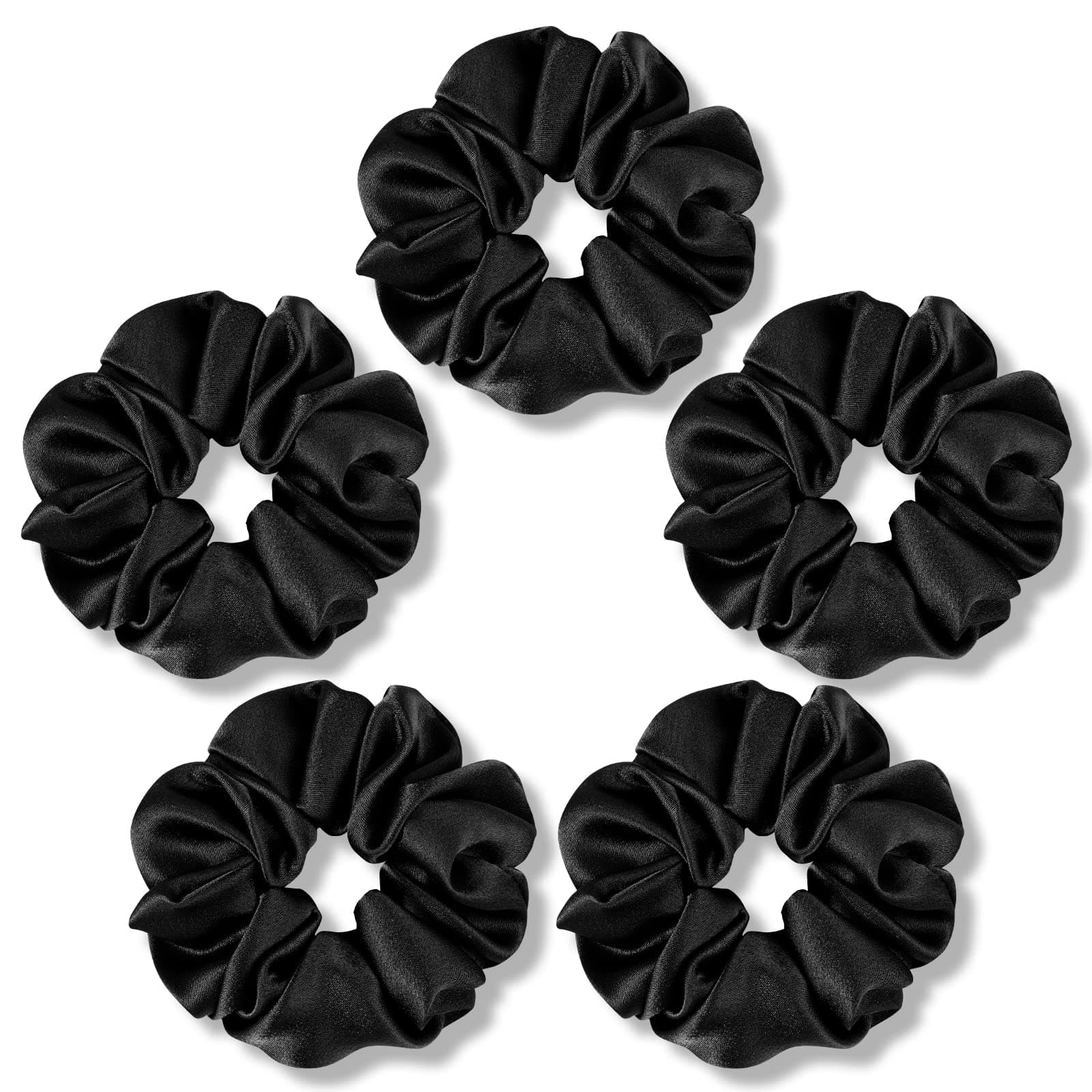 Fittia Black Silk Scrunchies for No Crease Sleep, Silky Satin Hair Ties, 5 Pack