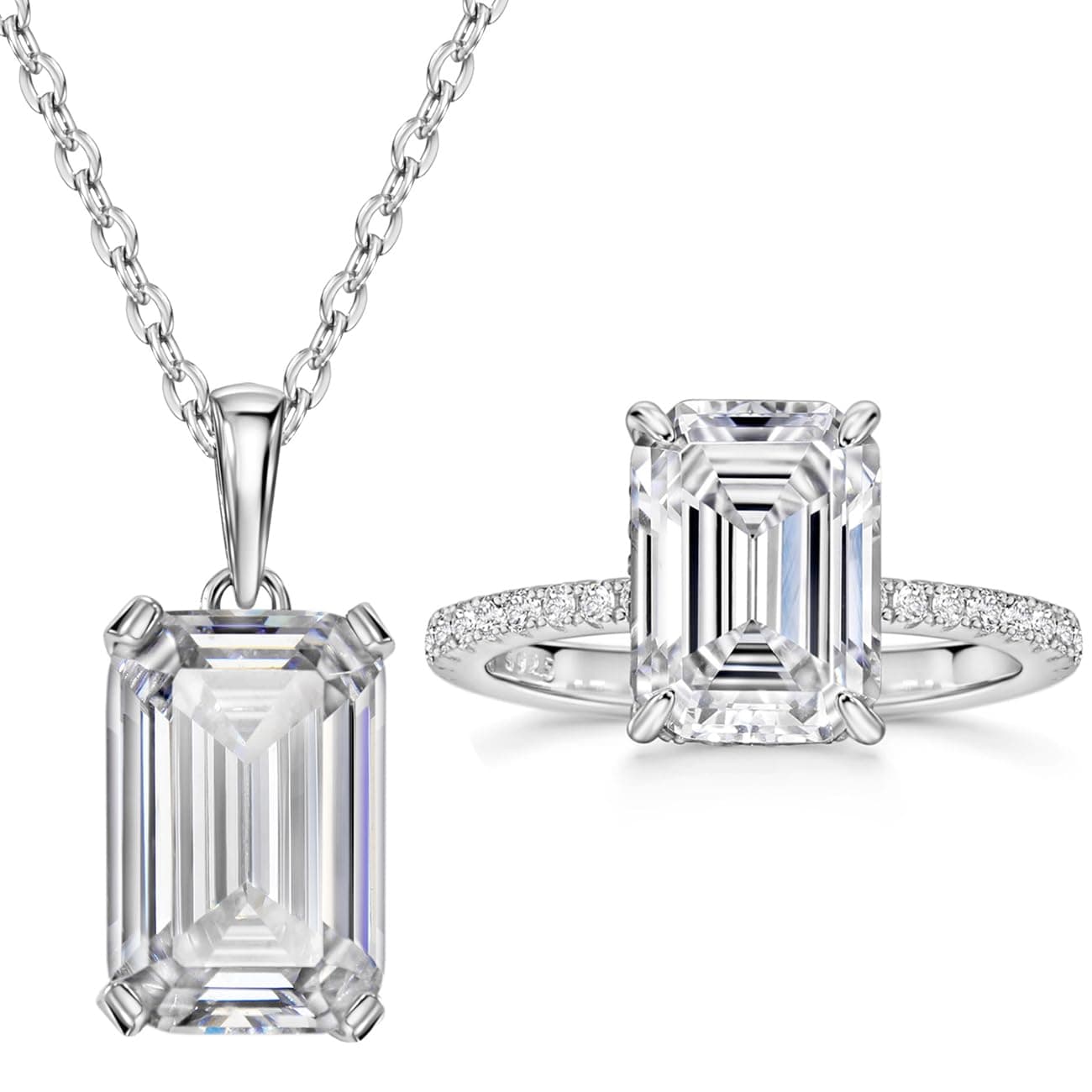Michooyel Sterling Silver Emerlad Cut Diamond Jewelry Set