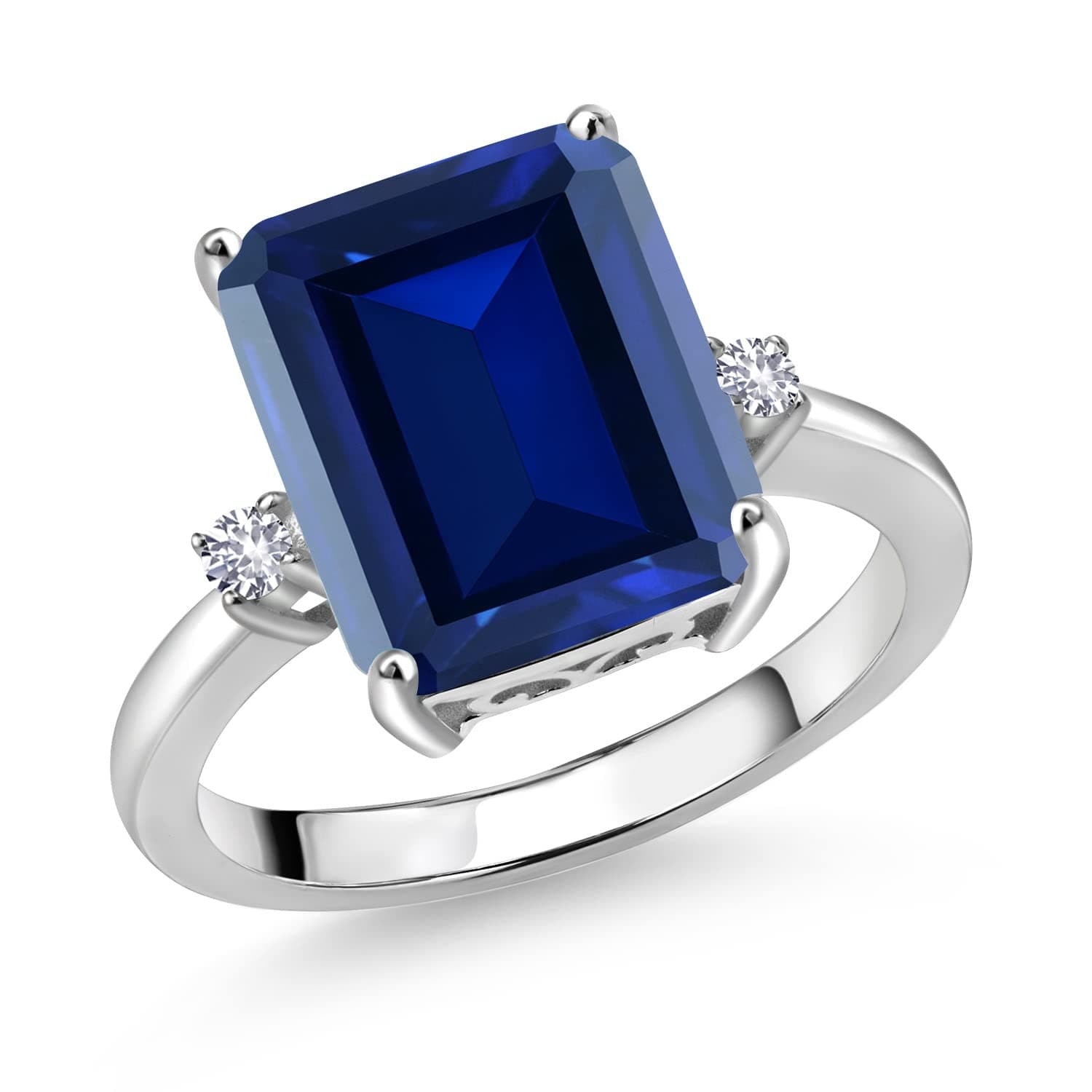 Gem Stone King 925 Sterling Silver 12X10MM Blue Simulated Sapphire & 2MM White Created Sapphire 3 Stone Ring for Women |