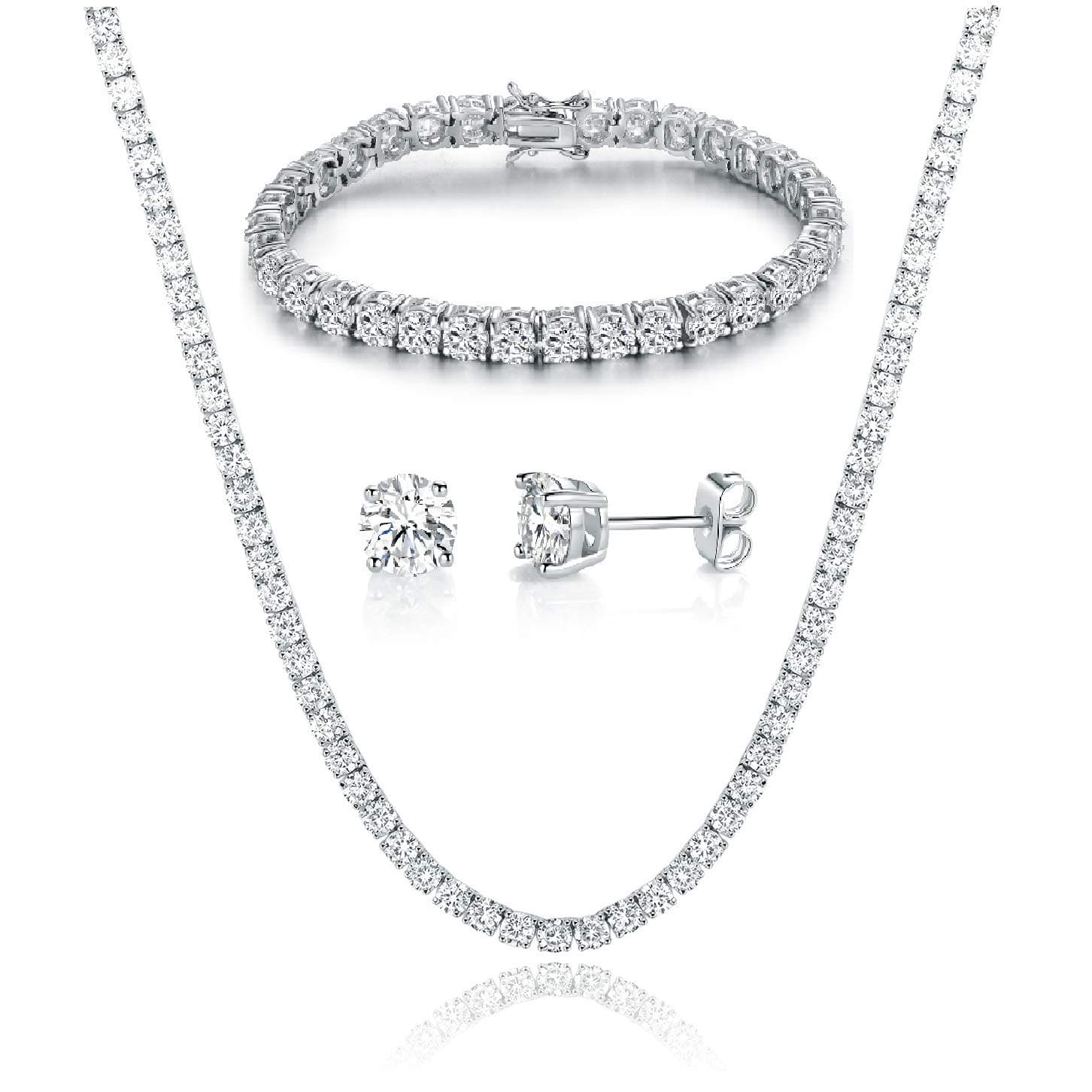 Gemsme 18K Gold Plated Tennis Jewelry Set: Necklace, Bracelet, Earrings (Pack of 3)