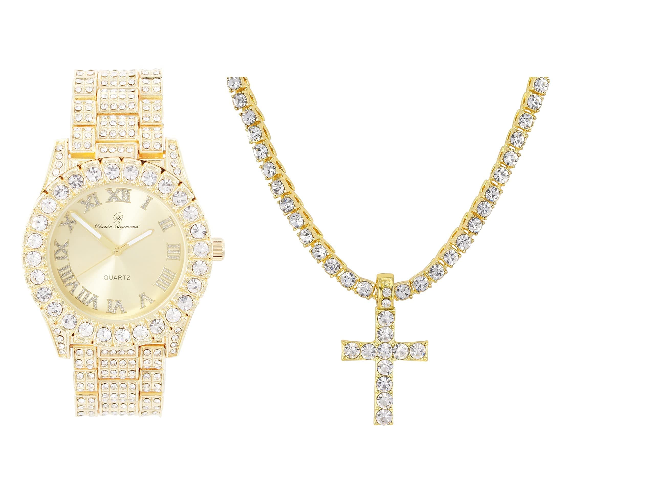 Charles Raymond Iced Out Mens Tennis Cross Necklace & Blinged Out Cuban ZZ Watch Set - ST10327TCR