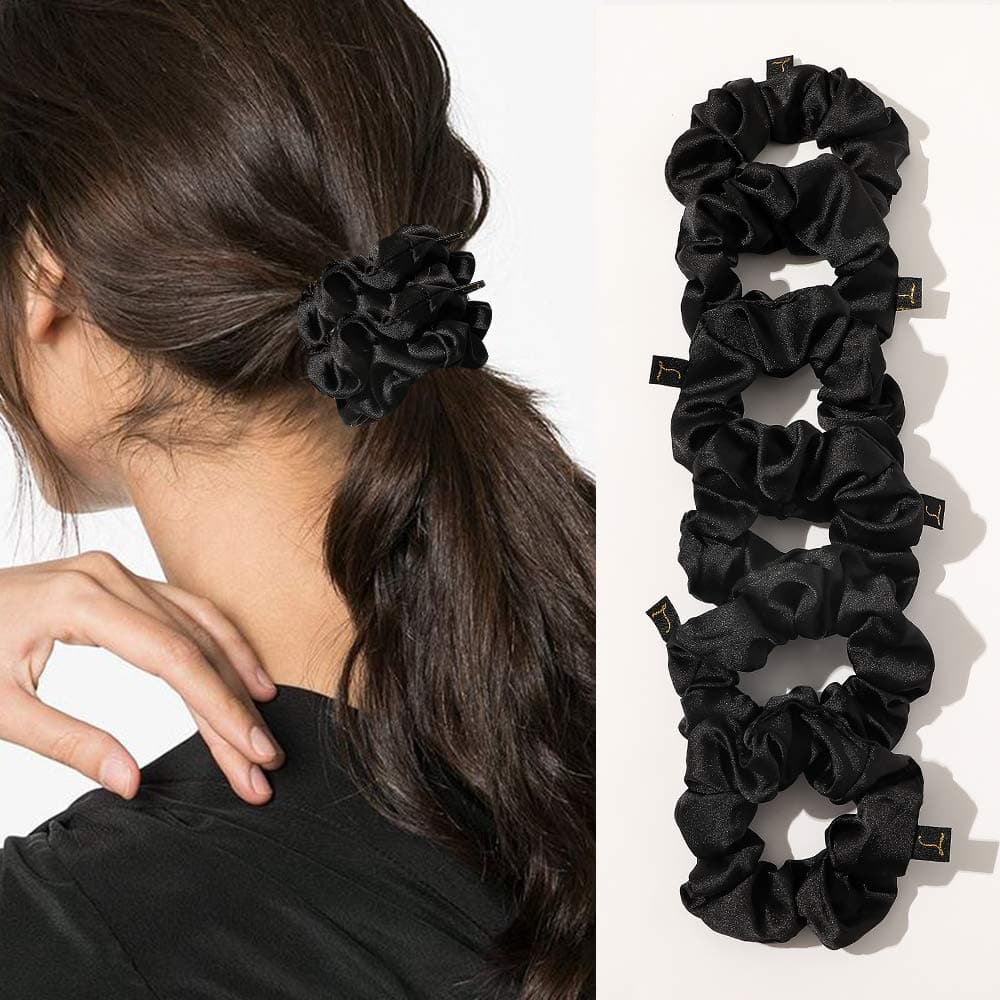 Black Satin Silk Scrunchies for Women - Thick Curl Hair Bands No Crease